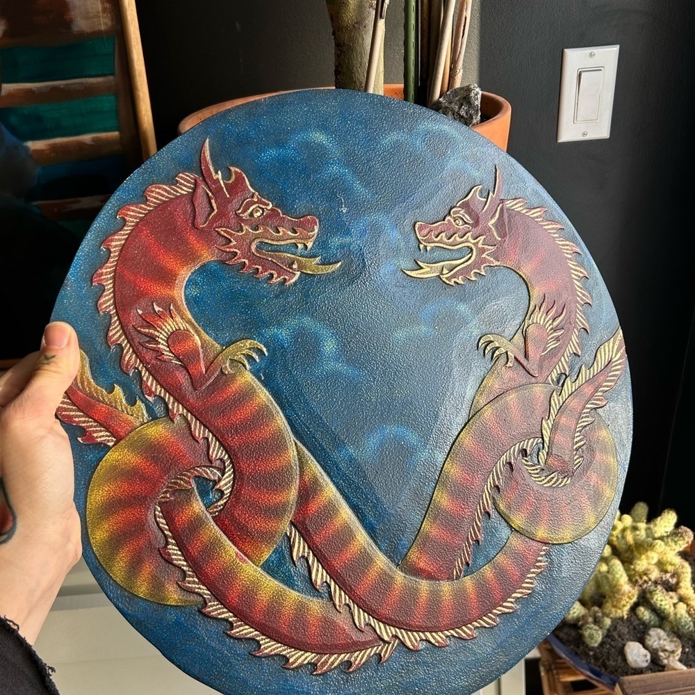 Vintage Hand Carved Double Dragon Wood Wall Plaque 15.75” Fantasy Decor